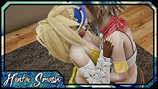 Yuna and Rikku make out before having lesbian sex on the bed - Final Fantasy X Hentai