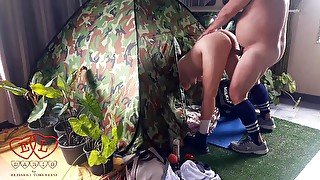 Sex in camp. A stranger fucks a nudist lady in her pussy in a camping in nature. FULL VIDEO