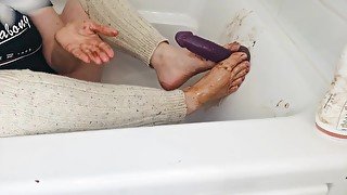 Girl wearing leg warmers gives FOOTJOB and HANDJOB to dildo with yummy chocolate sauce