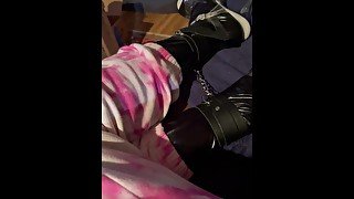 Bound plugged latex slut in Barbie sweats and pumps