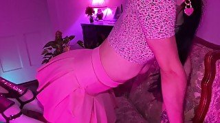 TS gets bent over chair and fucked in sexy outfit