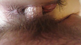 CREAMY SIDE FUCK ends in CUMSHOT on LABIA - all natural milf hairy pink pussy lips open wide for cum