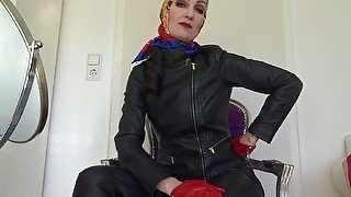 Satin headscarf fitting in black full leather outfit!