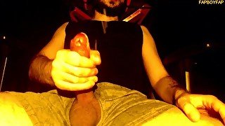 Big oil cock and big cumshot by horny man. Slowmotion cumshot