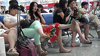 Asian Beauty In Summer Dress Caught On The Airport Dangling Her Shoe