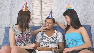 Black guy has his BBC worshiped by a couple of teens for his birtday