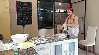 Regina Noir In Nudist Housekeeper Cooking At The Kitchen. Naked Maid Makes Dumplings. Naked Cooks. Bra 2