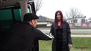 Redhead babe Jessica gets talked into fucking in the car