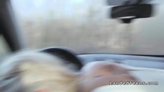 Stranded teen with red lips sucks in car