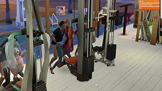 The Sims 4:8 people gym weightlifting machine training sex