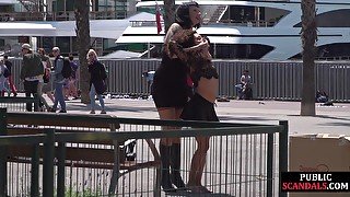 Petite naked teen 18+ humiliated in public by domina and lord