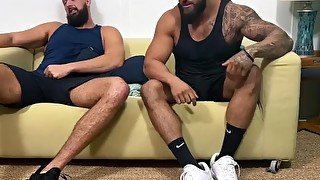 Foot fetish threesome with bearded studs