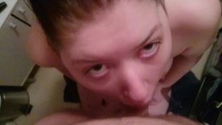 Young whore wife, throat fucked in bathroom with buttplug tail in ass