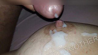 Huge cumshot on my wife's tits and eating my own cum