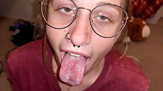 Teen with glasses deepthroats herself and begs for more! Made him cum in 1 min!