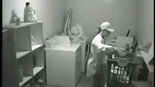 Lesbian cuties caught having sex on a laundry room spy cam