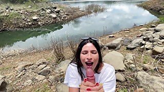 POV- handjob and blowjob in the lake until the cum is on her face.