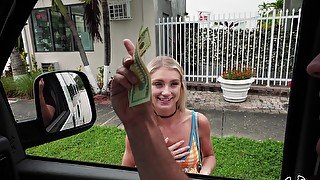 Skinny blonde stranger Payton Avery takes money to ride a dick