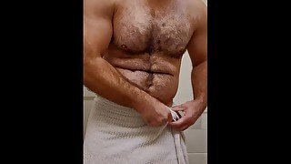 THICC muscle bear flexing in white towel before shower!