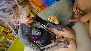 Inked sluts share massive dick for anal threesome