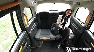 The horny driver persuaded the young naive brunette to suck his dick