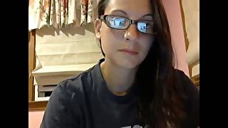 Cute nerdy girl shows her pinkish fuck holes closeup