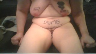 Bitch Humiliating Herself Hardcore with Food in Pussy and Heavy Tit Clamps with Body Writing BDSM