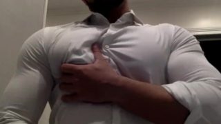 Ripping my white shirt while flexing my big muscle pecs and biceps