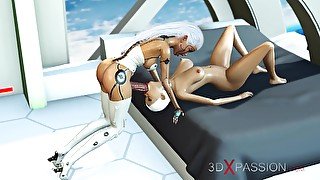 A sexy female adroid shemale plays with a young blonde in the space station