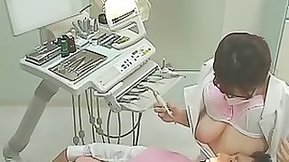 Vicious Japanese Dentist Jerks Off Her Clients While They Suck Her Big Jugs