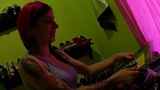 Whorish tattooed chick Joanna Angel playing with old dildo fellow