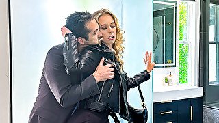 Lovely blonde sucks a hard cock and gets fucked in the bathroom