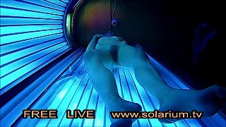 Solarium Blonde teen 18+ fingers herself in the Public solarium