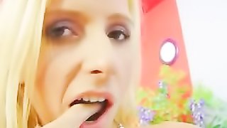 Horny blonde takes two hard cocks in her mouth and pussy.