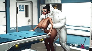 A sexy young busty ebony has hard anal sex with sex robot in the medbay