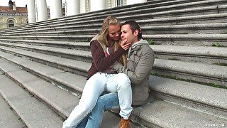 Sweet couple Winter and Arthur walk around the city and then have a passionate oral sex