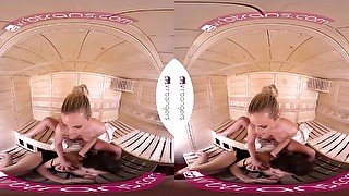 VRB TRANS Valentine's threesome with two hot babes in sauna VR Porn