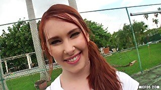 Cheerful redhead snow white beauty Melody Jordan sucks dick POV style