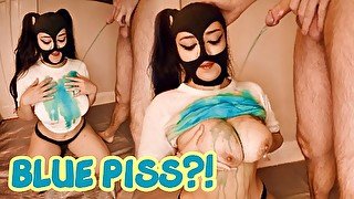 Hot slut takes blue piss on her huge tits