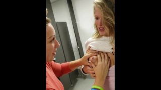 MFF breastfeeding squirting threeway in a public restroom