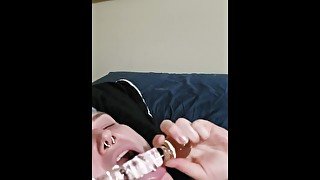 Little slut fucks pussy with glass dildo and then tastes herself