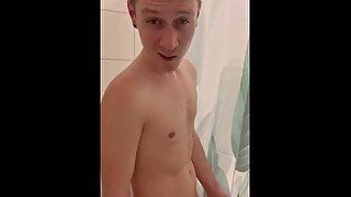 Boy stroking his hard Dick in shower