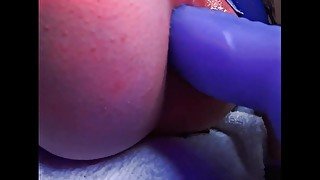 Girl in blue suit Gaping her ass with big dildo  Close up