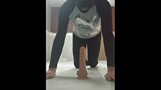 Crossdresser does Deepthoat Dildo Pushups