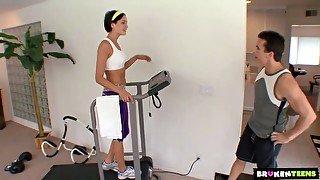 Quite buxom sporty brunette Ashdon James enjoys spoon sex pose in the gym