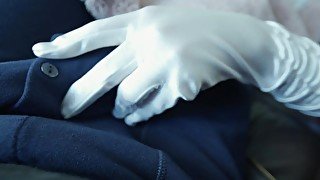 Horny Lady Gives Handjob in Long Satin Gloves