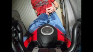 Piss and Cum Soaked Jeans on Motorcycle indoors