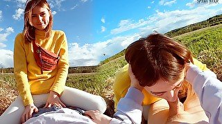 Oral creampie for young girl outdoors