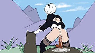 2D Huge BBC Dildo Anal on Mountain Top - Nier Automata Parody - Outdoor Animated public Cartoon porn