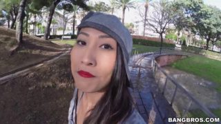 Captivating asian babe with big tits getting her ass pounded outdoors